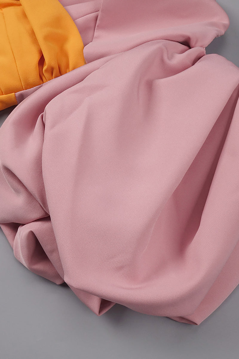 Midijurk met kleurvlakken en ballonmouwen roze oranje