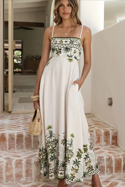 Elegante maxi jurk met bloemenprint, detail van de halslijn