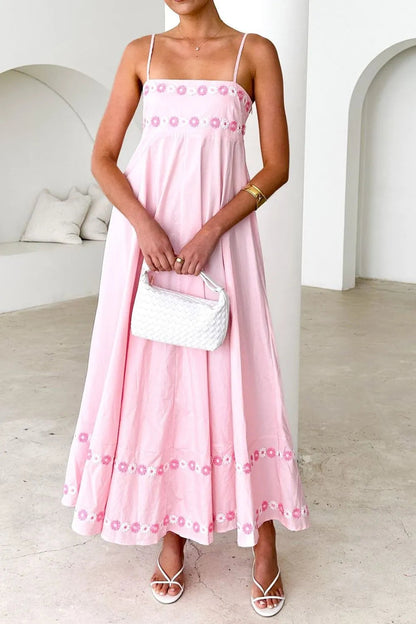 Maxi jurk met bloemenborduursel en spaghetti bandjes van polyester