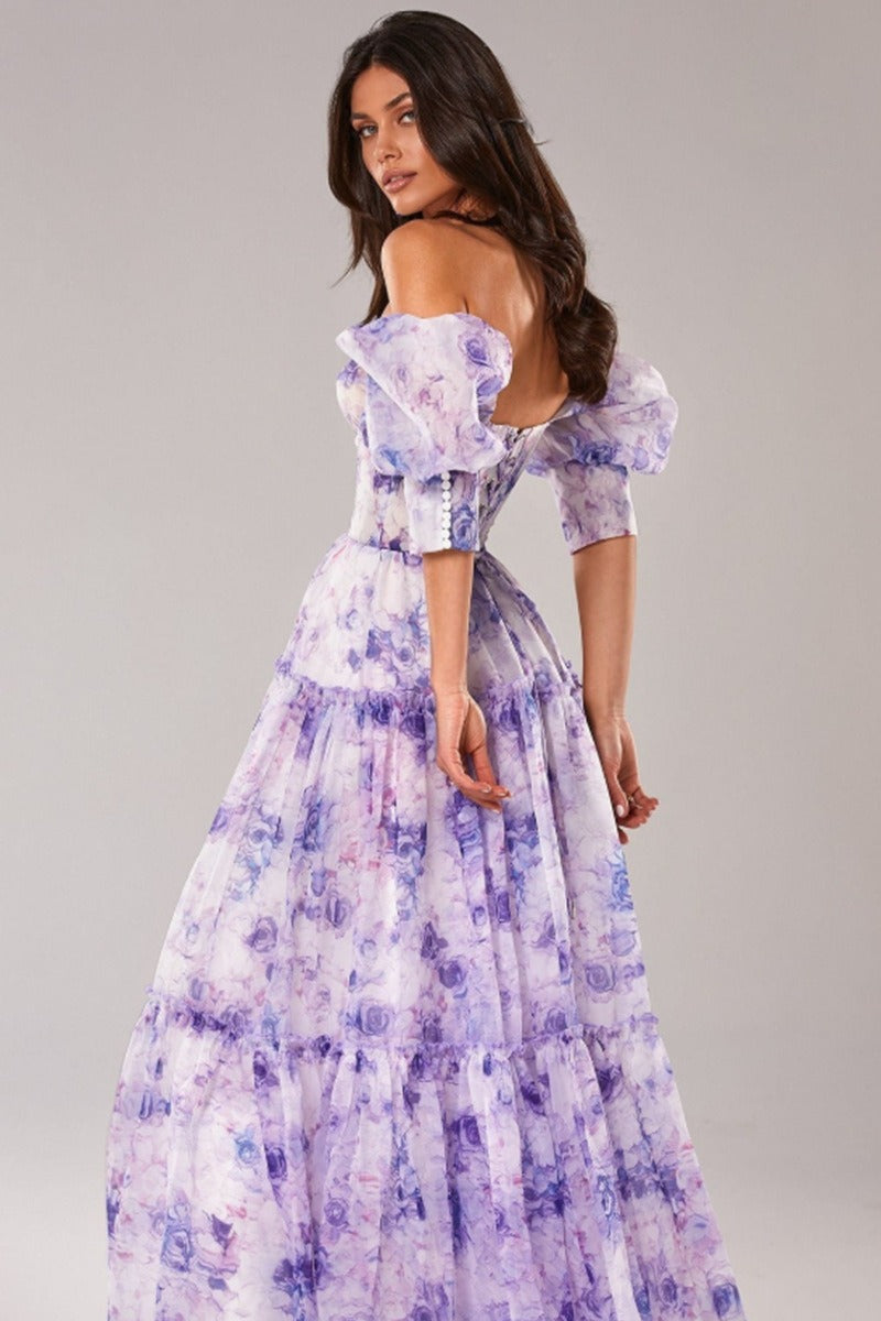 Maxi-jurk van organza met bloemenprint en blote schouders