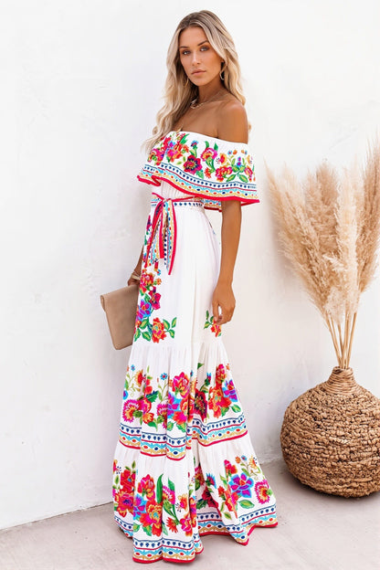 Lange boho jurk voor dames met blote schouders en kleurrijke bloemenprint