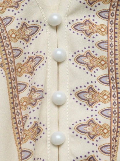 Bedrukt Jurk met Lange Mouwen en Taillekoord Beige