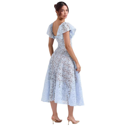 Midi-jurk met kanten klokmouwen blauw