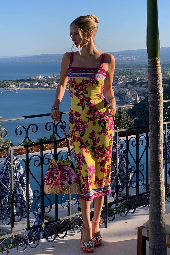 Slim Fit Midi Jurk met Etnische Print en Overslag Geel