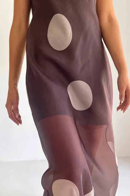 Vooraanzicht van strapless maxi jurk met stippenprint voor dames