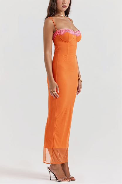 Dames midi jurk met kantafwerking en wikkellook, zijkant