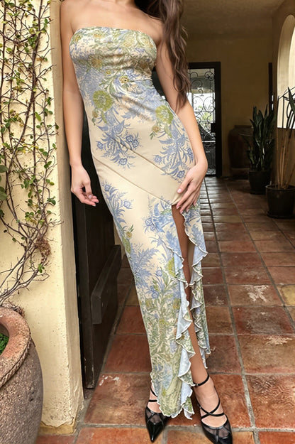 Dames maxi jurk met bloemenprint en split, strapless voorkant