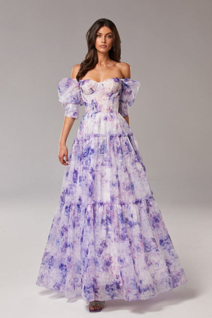 Maxi-jurk van organza met bloemenprint en blote schouders