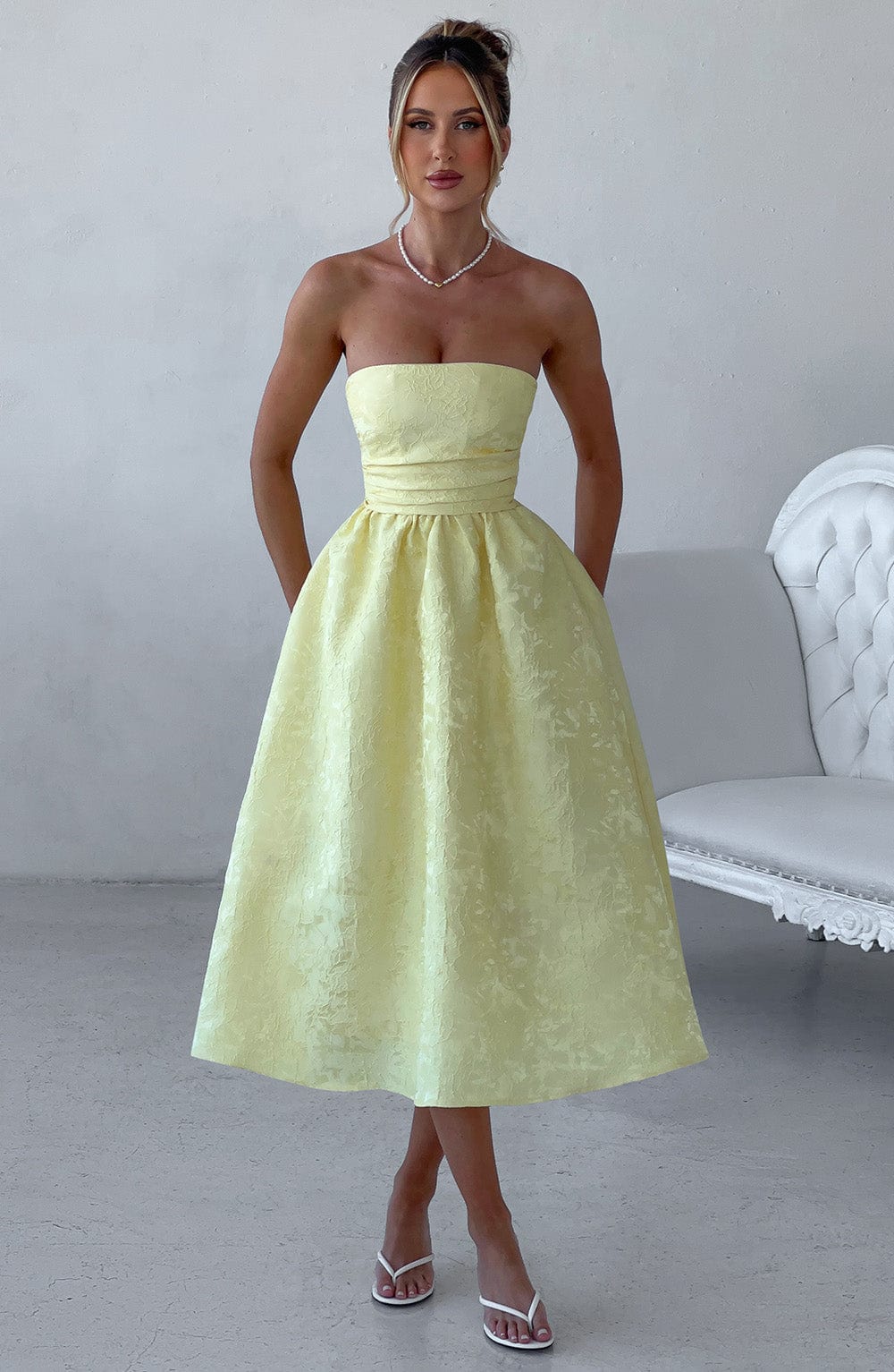 Bloemenjacquard Strapless Plissé Midi-jurk Citroen