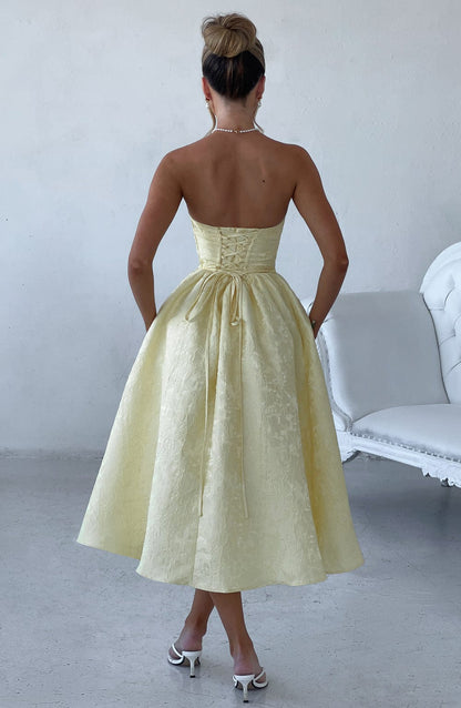 Bloemenjacquard Strapless Plissé Midi-jurk Citroen