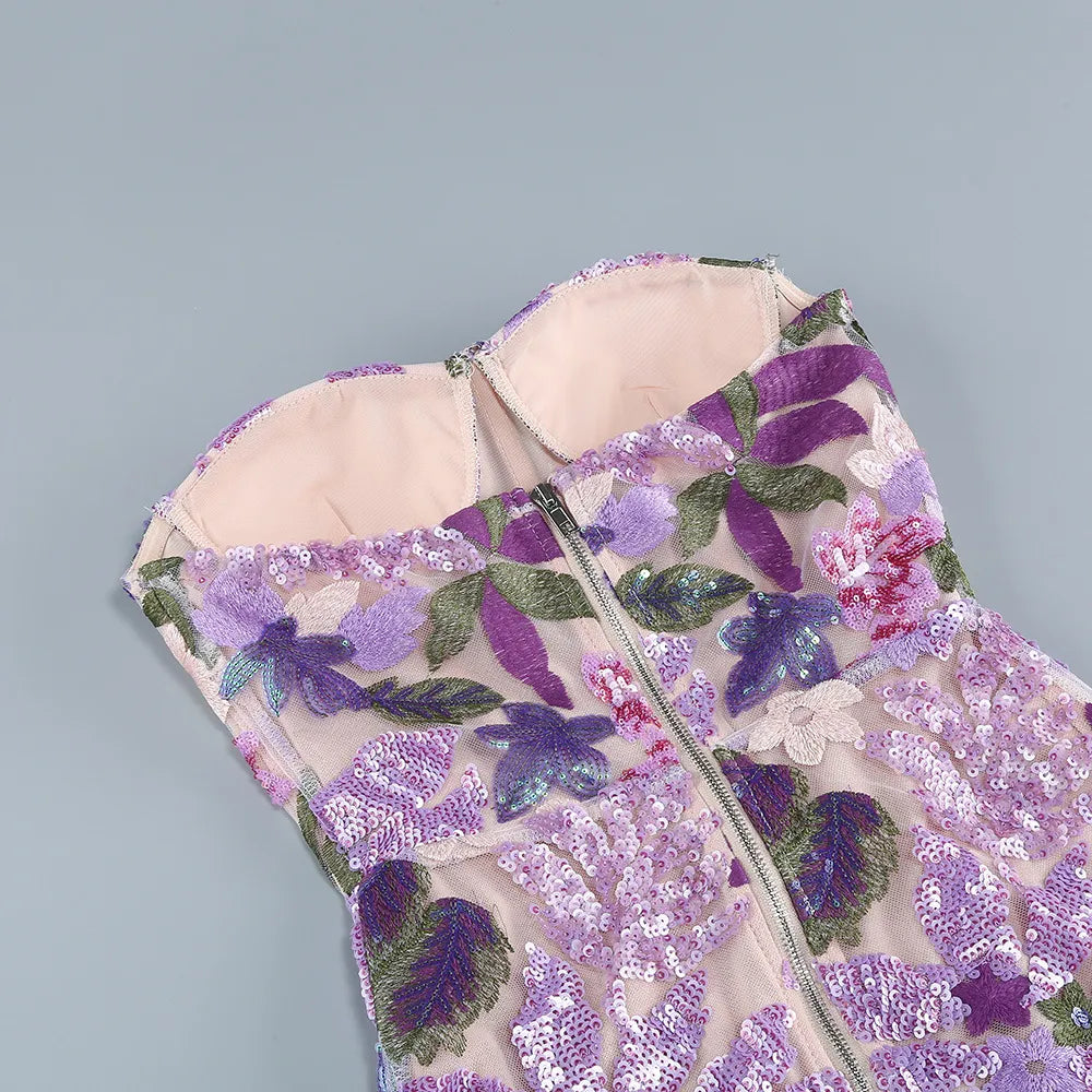 Geborduurde Pailletten Strapless Maxi Jurk zonder Rug Paars