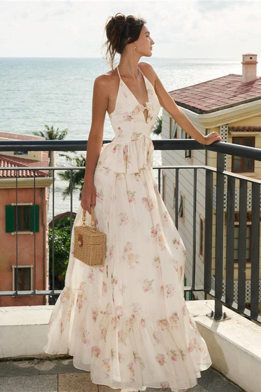 Maxi-jurk met bloemenprint, slanke pasvorm, diepe V-hals en hoge taille