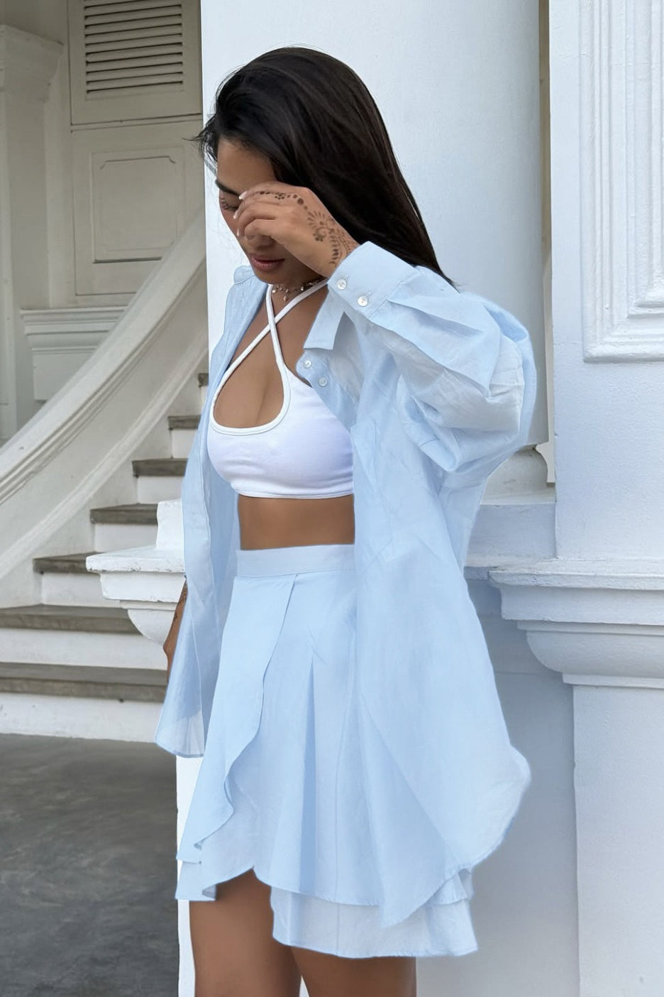 Katoen Linnen Overgooier Blouse En Rok Set Dames