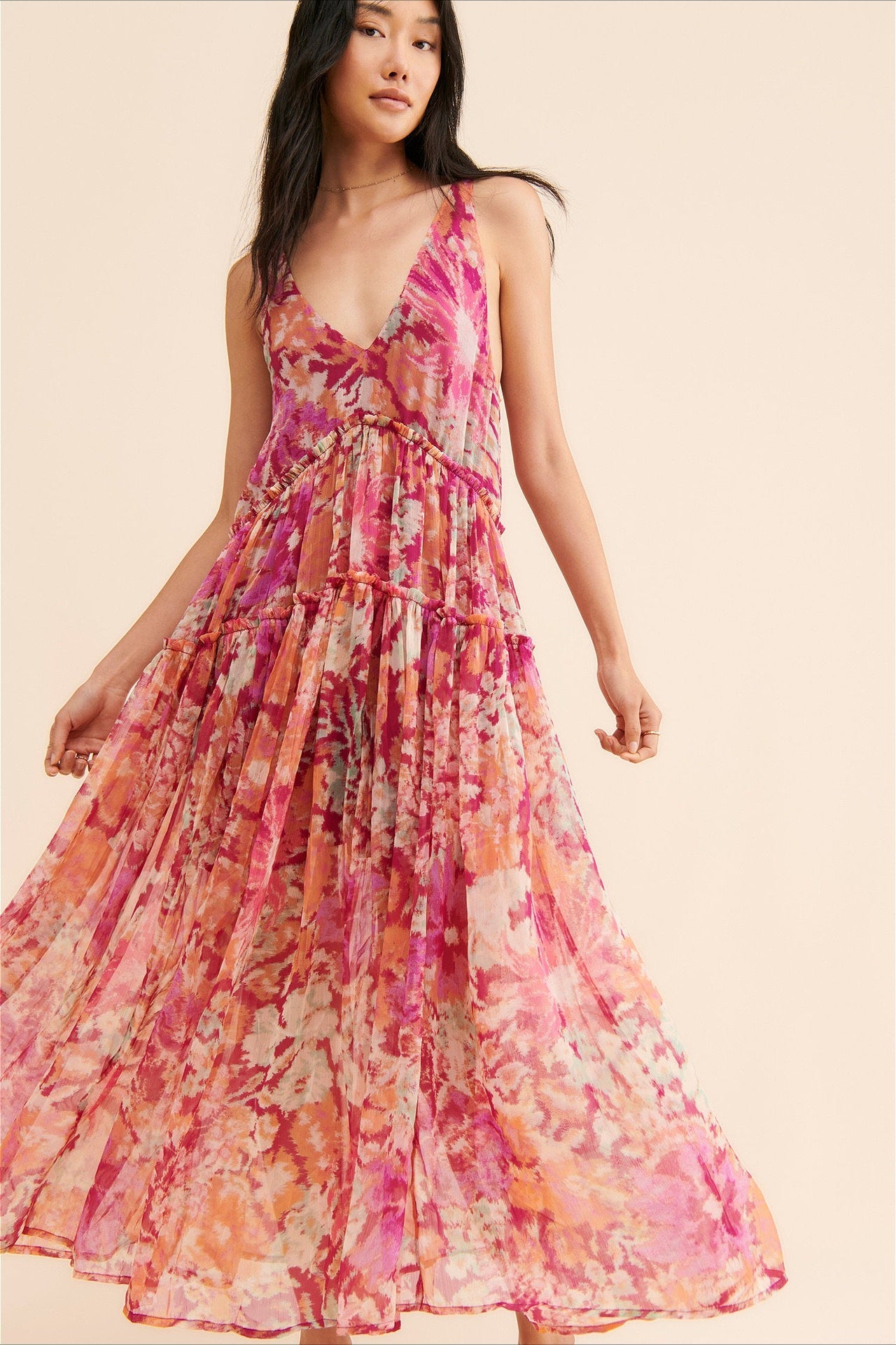 Dames maxi jurk met bloemenprint en V-hals in boho stijl, voorkant