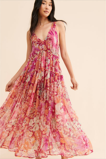 Dames maxi jurk met bloemenprint en V-hals in boho stijl, voorkant