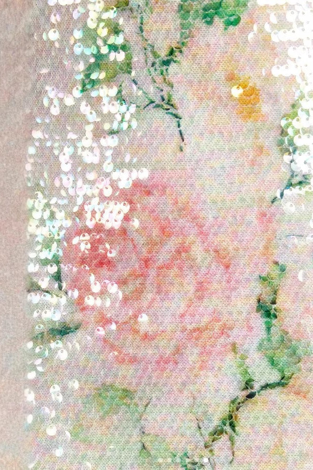 Korte elegante jurk voor dames met pailletten en bloemenprint, volledig silhouet