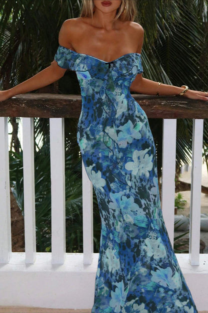 Strapless bodycon maxi jurk met ruches en bloemenprint