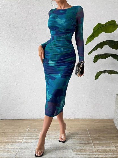 Mesh Waterverfprint Bodycon Midi Jurk Cerulean