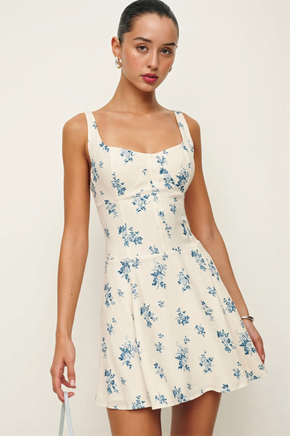 Dames mini jurk met bloemenprint en vierkante hals in A-lijn model