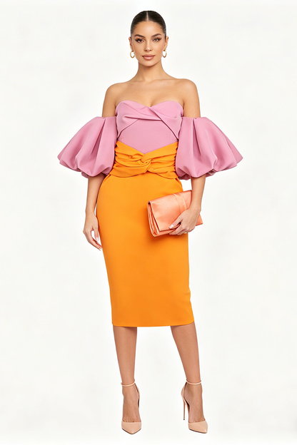 Midijurk met kleurvlakken en ballonmouwen roze oranje