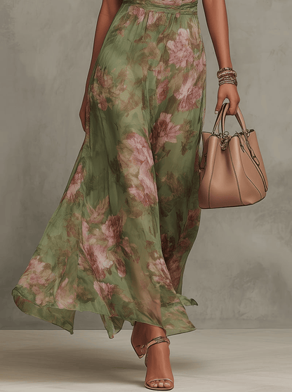 Chiffon maxi-jurk met bloemenprint en halternek groen