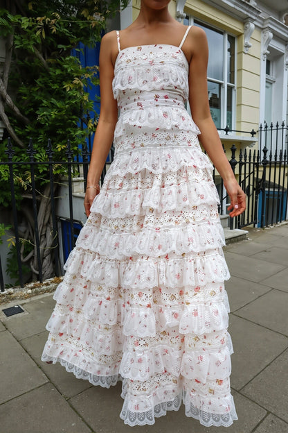 Dames maxi jurk met print, kantdetail en lange rok, achteraanzicht