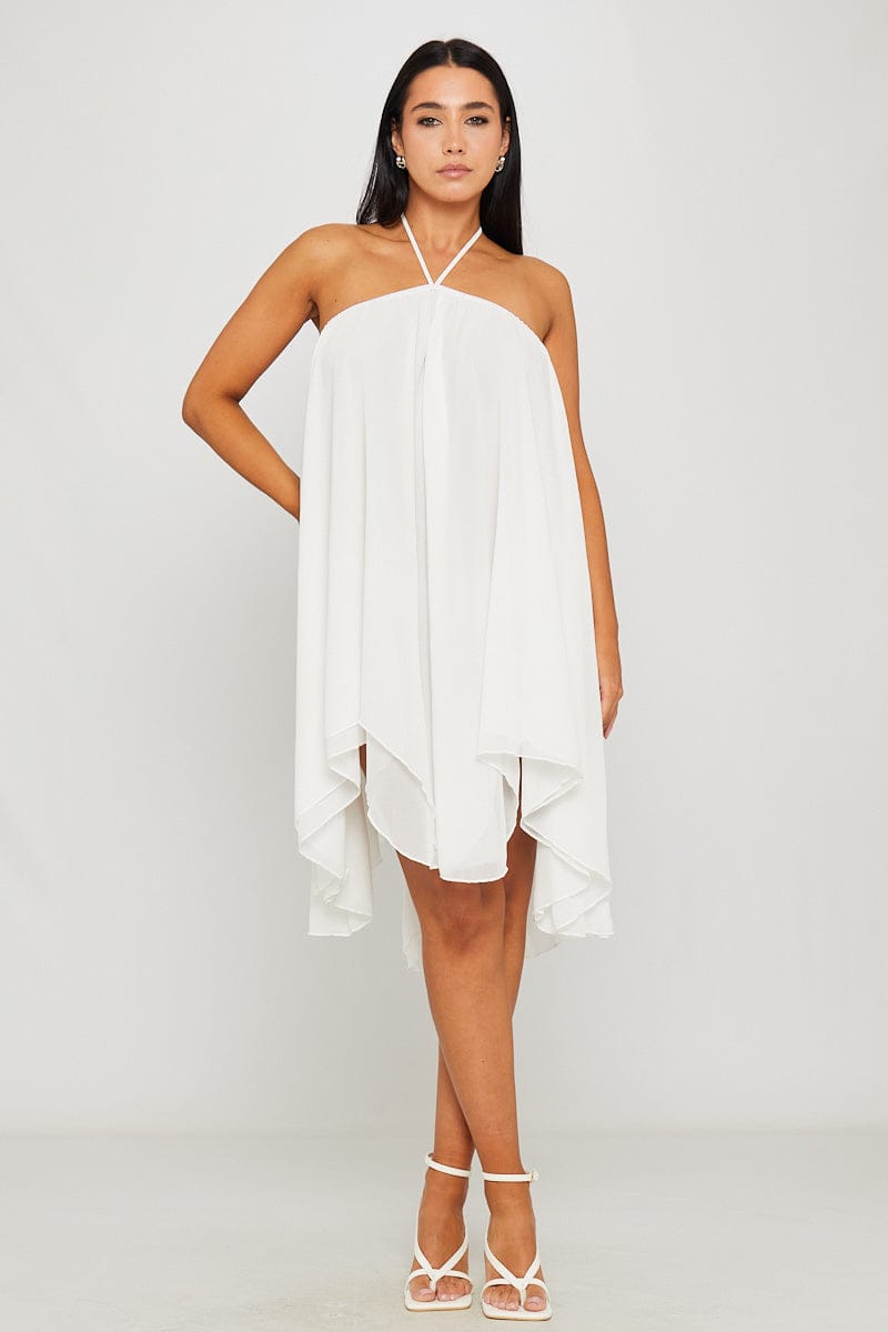 Chiffon halternek asymmetrische mini-jurk wit