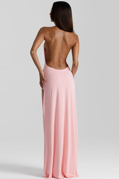 Maxi jurk met halslijn, rugloos en split, effen kleur