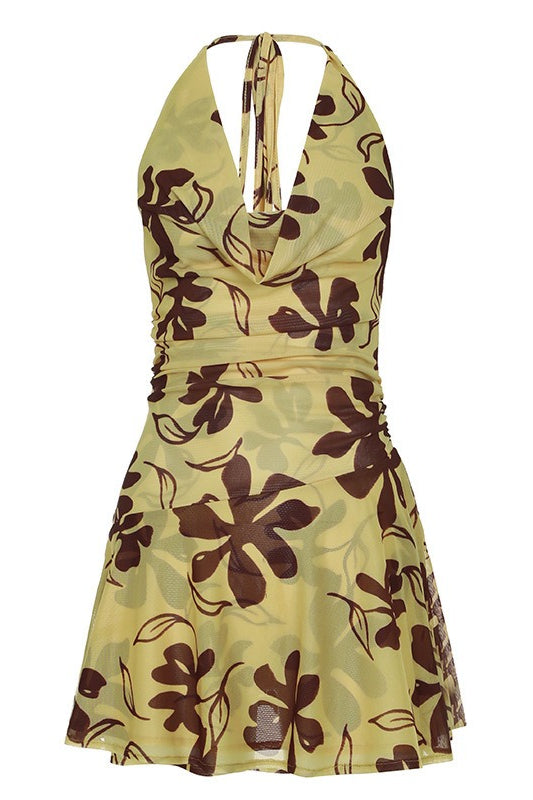 Dames halterjurk met zwierige rok en bloemenprint in close-up