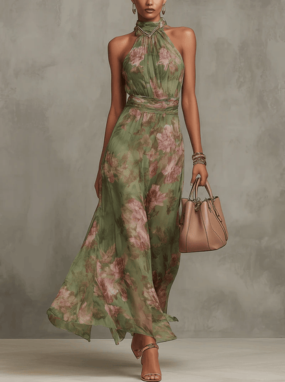 Chiffon maxi-jurk met bloemenprint en halternek groen