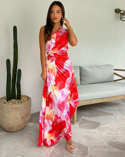Dames Maxi-jurk met geplooide one-shoulder en bloemenpatroon