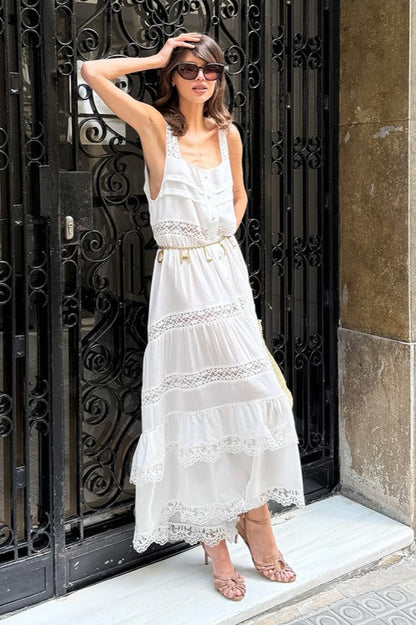 Boho kanten patchwork volants maxi jurk wit