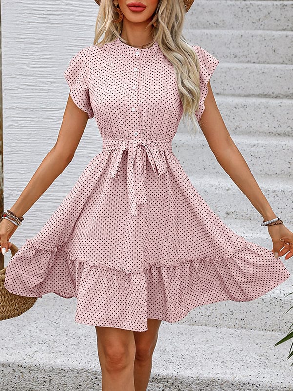 A-lijn geplooide polka dot mini-jurk met gebonden taille