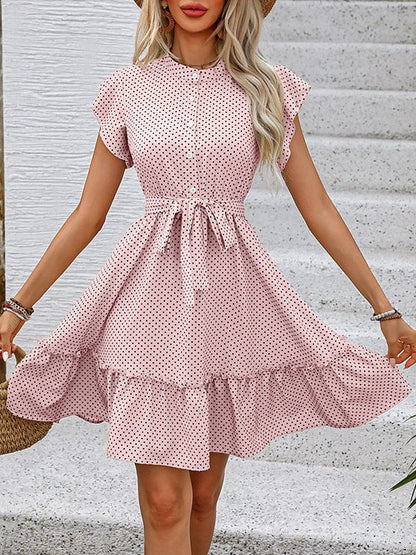 A-lijn geplooide polka dot mini-jurk met gebonden taille