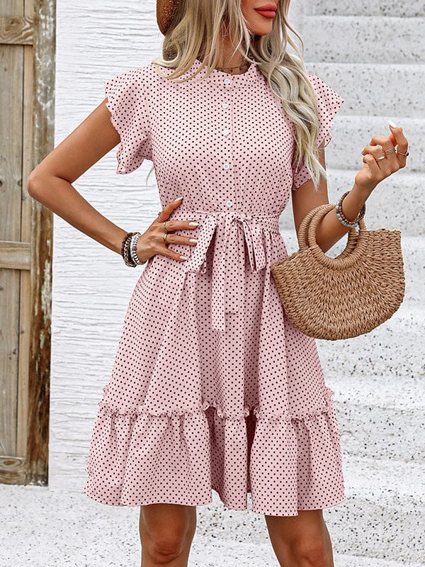 A-lijn geplooide polka dot mini-jurk met gebonden taille