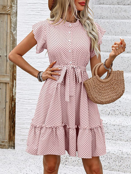 A-lijn geplooide polka dot mini-jurk met gebonden taille