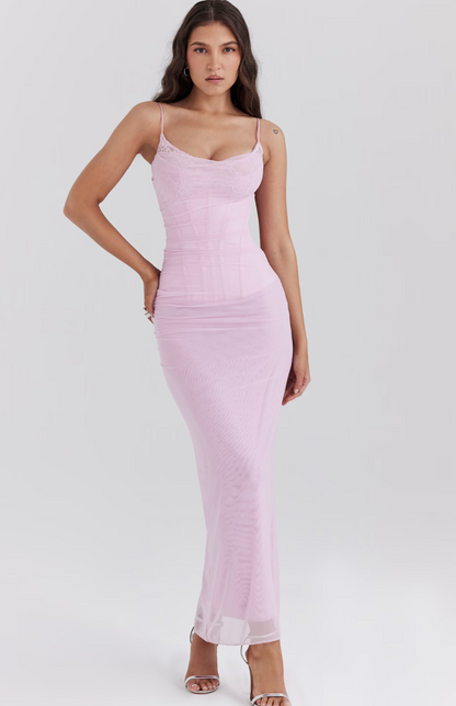 Dames satijnen bodycon jurk met kanten rand roze