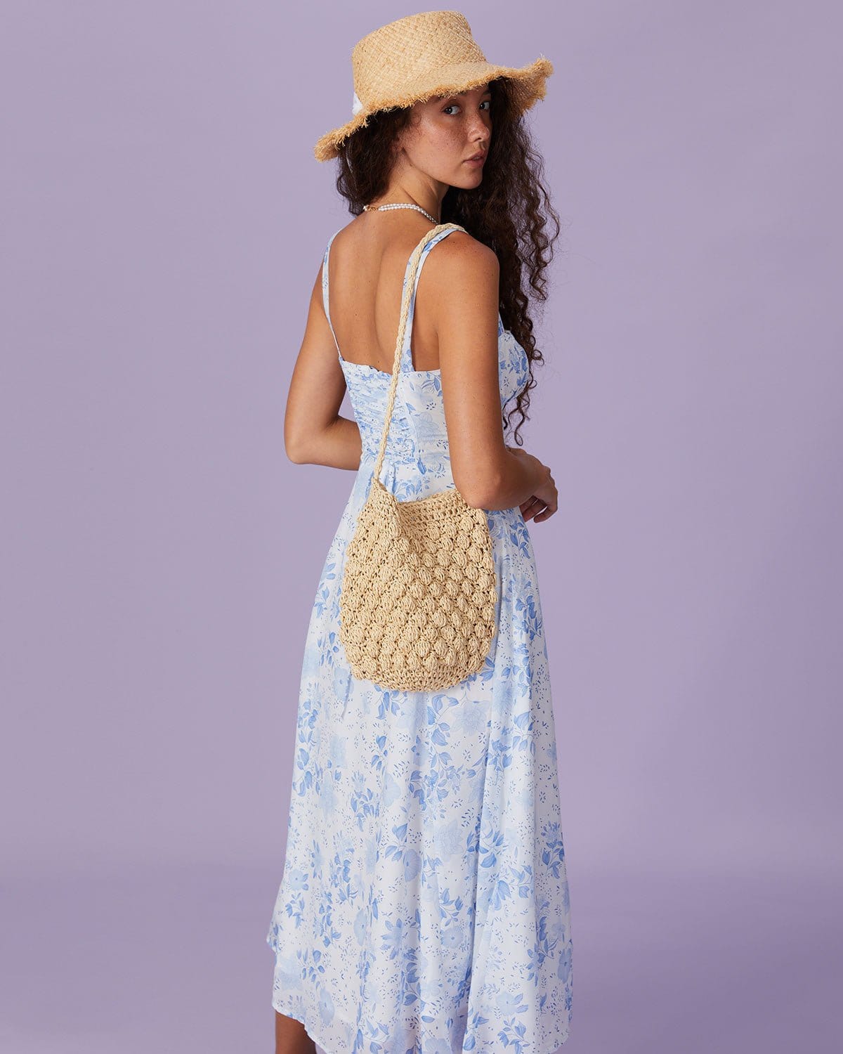 Midi-jurk met bloemenprint en plooien blauw