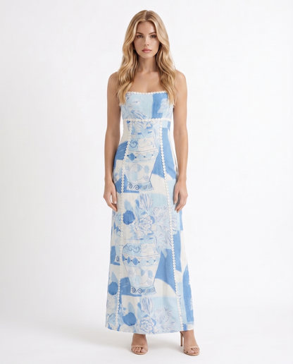 Maxi-jurk met strapless en Mediterrane print