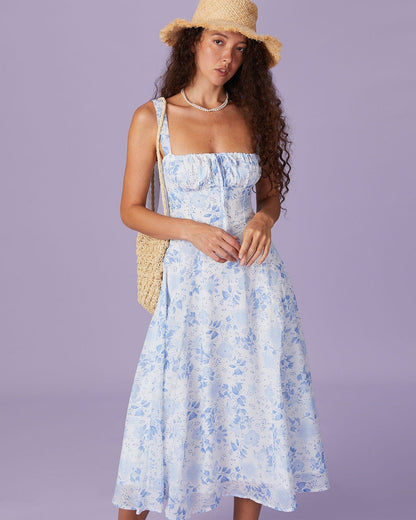 Midi-jurk met bloemenprint en plooien blauw