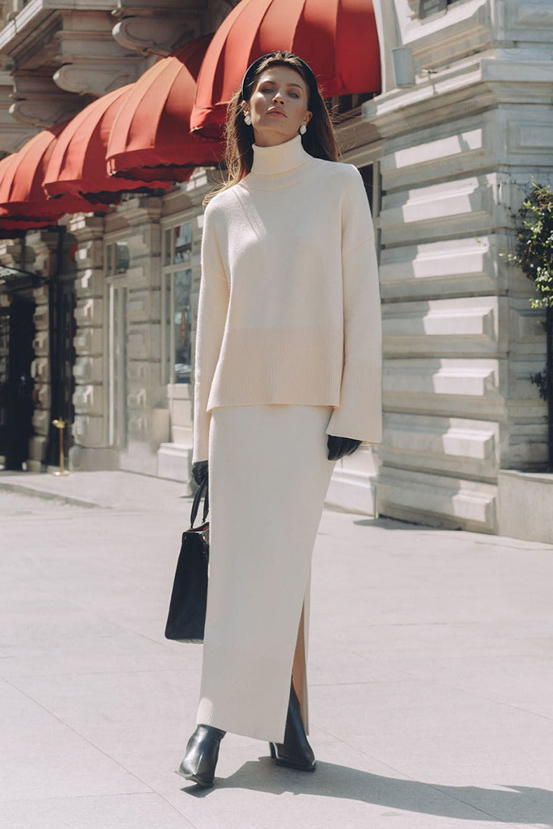 Dames gebreide tweedelige set met trui en maxi rok