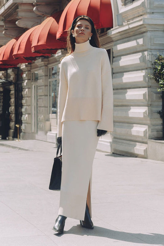 Dames gebreide tweedelige set met trui en maxi rok