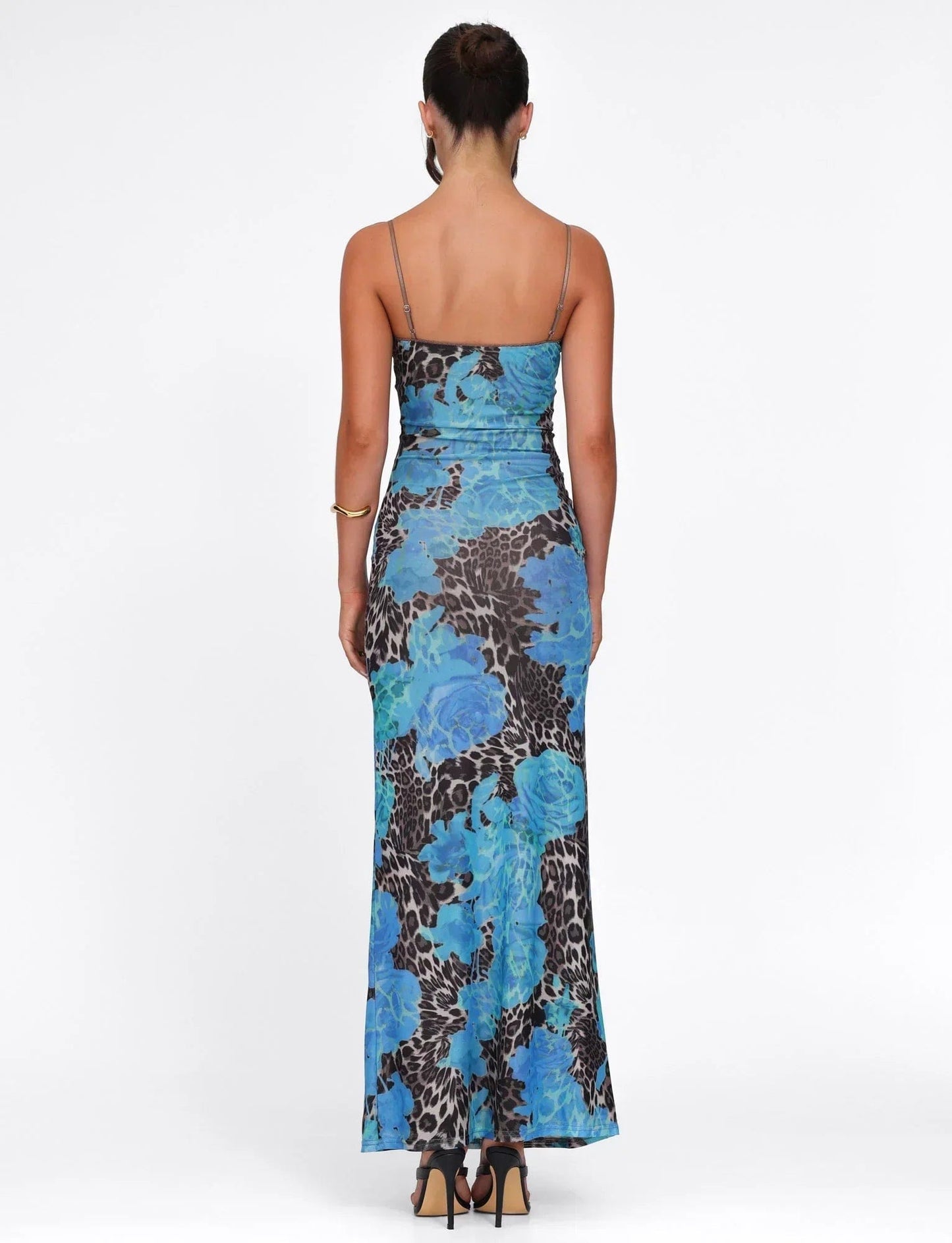 Maxi-jurk met bloemenprint, sweetheart halslijn en aansluitende pasvorm, blauw