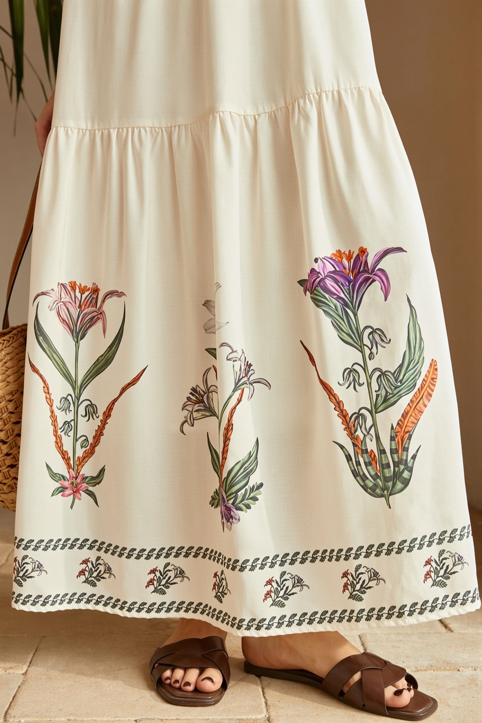 Dames maxi jurk met bloemenprint gedragen als zomerse boho outfit