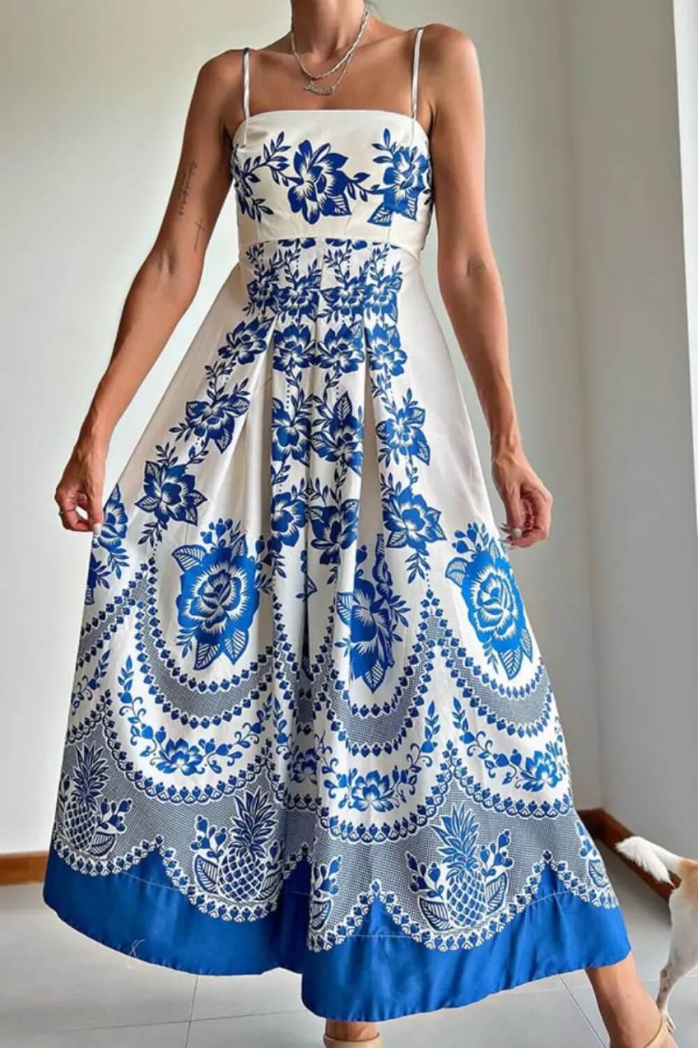 Polyester Midi Jurk met Spaghettibandjes Blauw