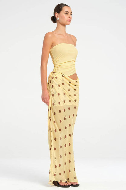 Strapless maxi-jurk met polkadot patchwork en slanke pasvorm