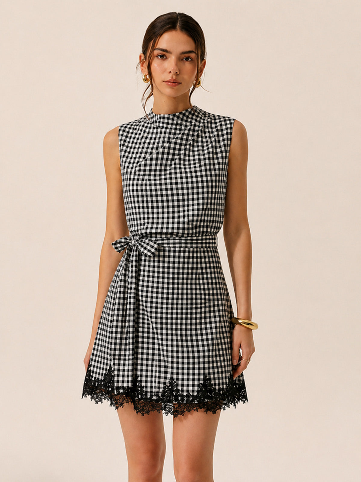 Dames Mini Jurk Met Ruitprint En Strikceintuur