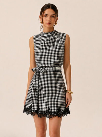 Dames Mini Jurk Met Ruitprint En Strikceintuur
