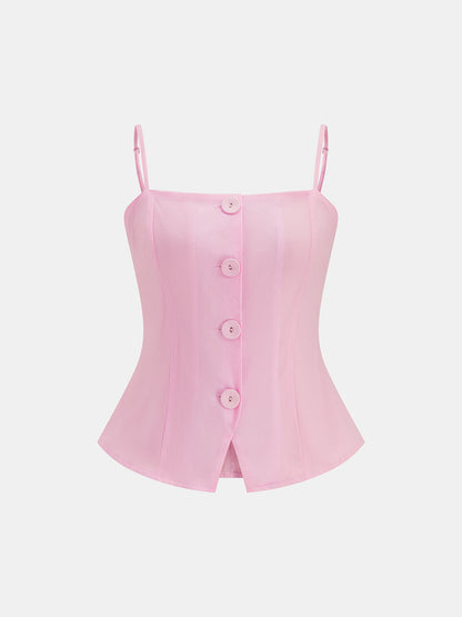 Achteraanzicht van de tweedelige dames set met camitop en geplooide maxirok
