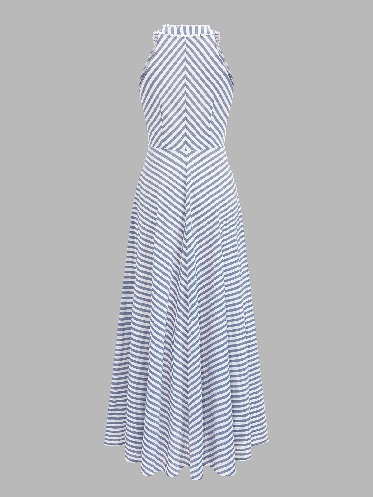 Dames gestreepte halter midi jurk met V-hals achteraanzicht